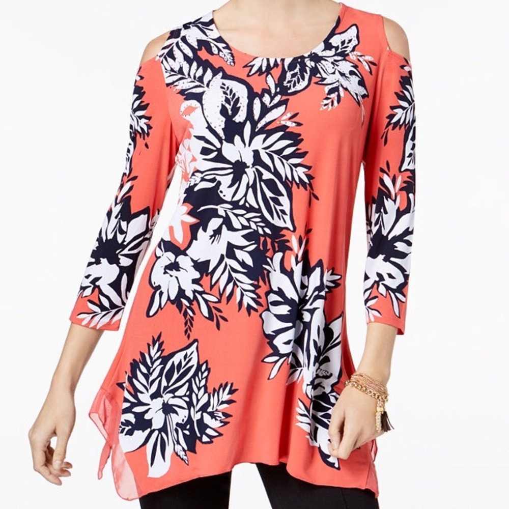 Salmon floral handkerchief hem embellished top